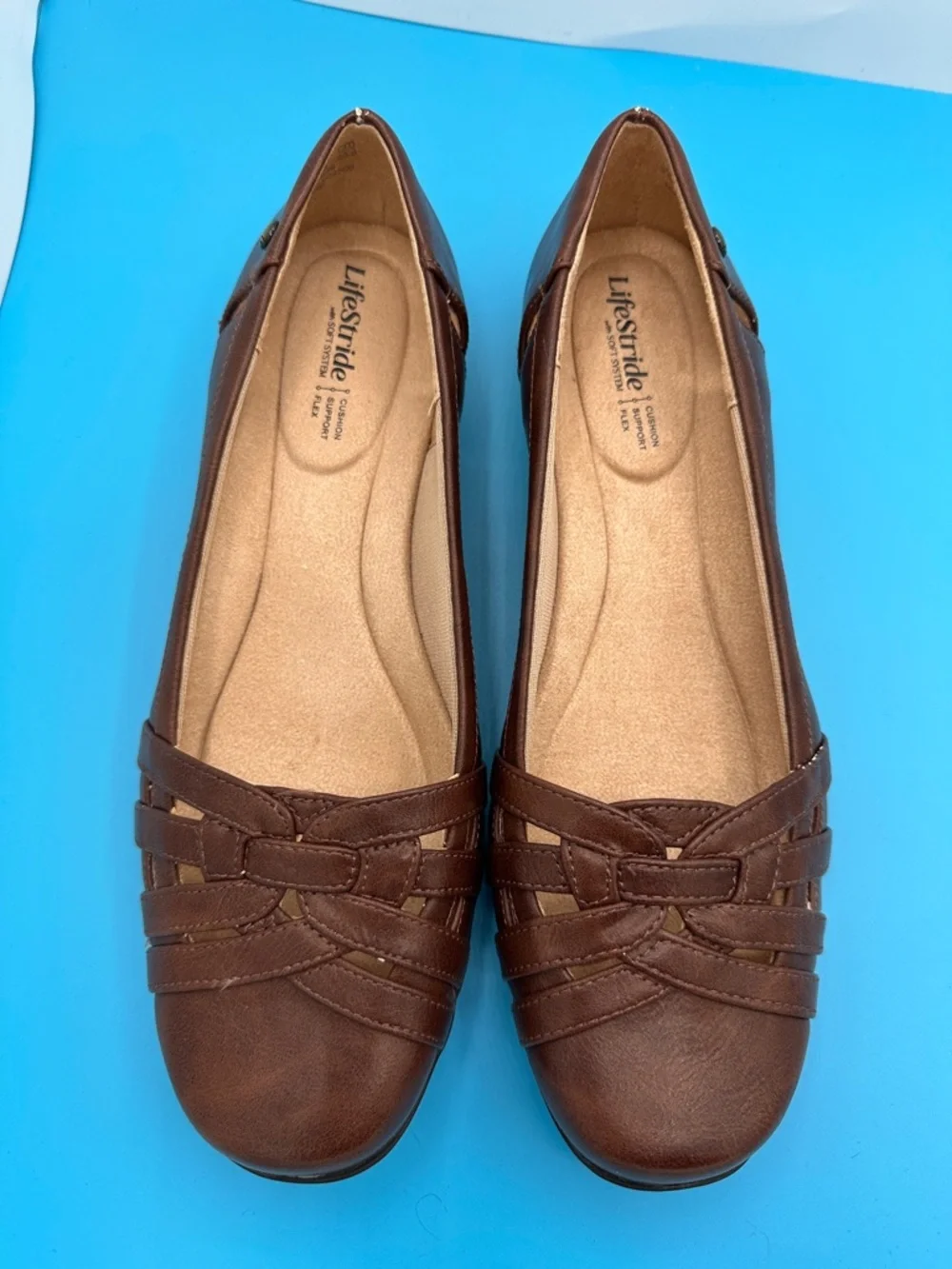 NEW! Life Stride Brown Braided Leather Flats Womens size 9.5 WIDE (new,no box)